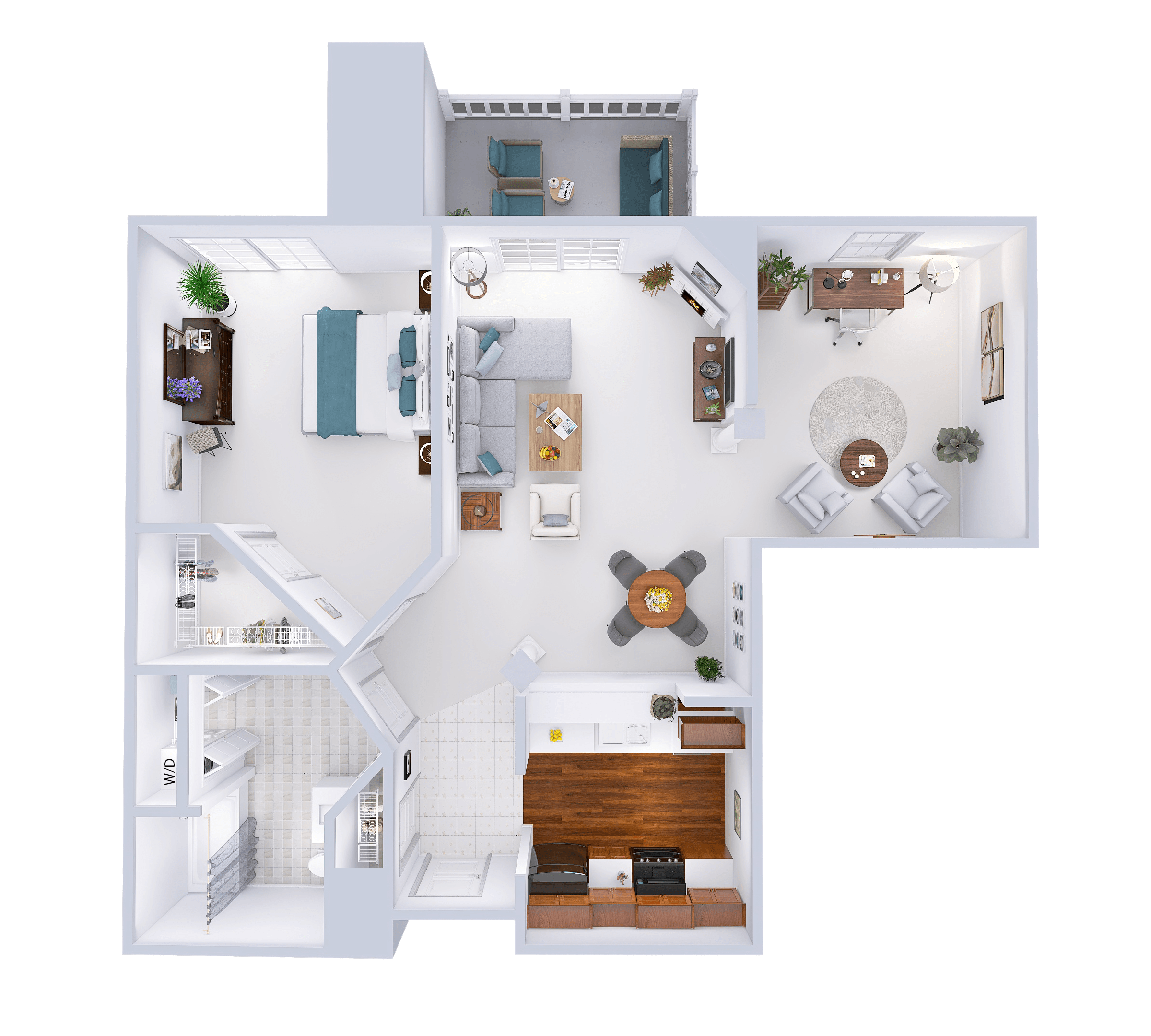 Floor plan for 1 bed, 1 bath, 945 sqft